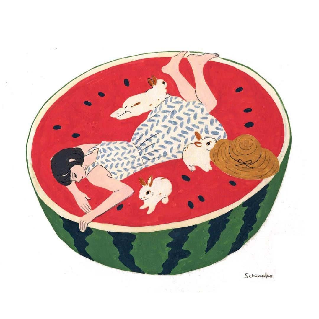 森山標子(しなこ)/Schinakoさんのインスタグラム写真 - (森山標子(しなこ)/SchinakoInstagram)「#watermelon 🍉 #スイカの日 * #illustration#art#drawing#design#acrylicpaint#アクリル絵の具#rabbit#bunny#うさぎ」7月27日 11時37分 - schinako