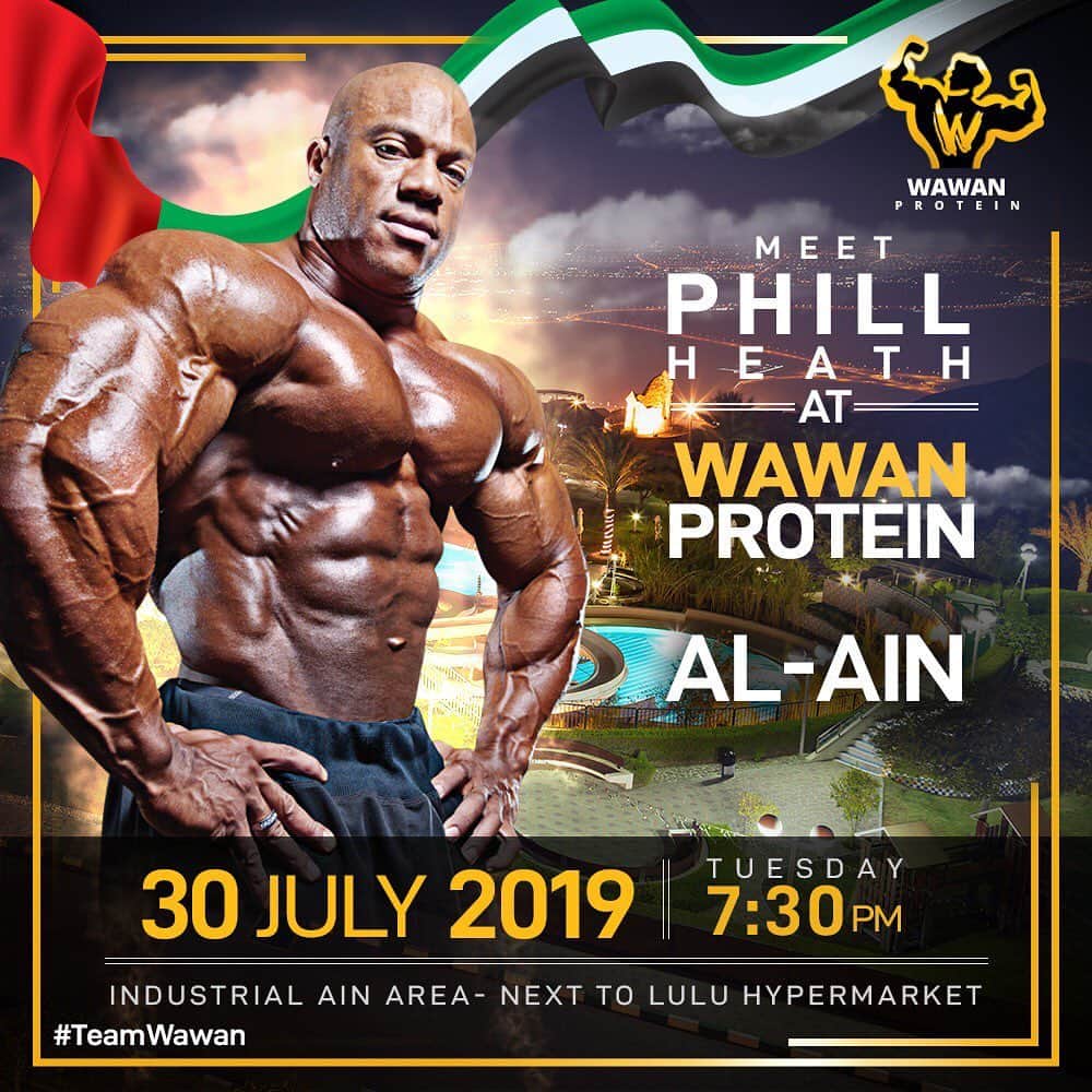 Phil Heathのインスタグラム：「I’ve always enjoyed my time in Dubai as they have some of the most enthusiastic bodybuilding fans, so be sure to come out to @wawanprotein Tuesday, July 30th at 730pm to say hello, grab a picture and maybe I’ll even hit a pose with ya. Shout out to @adel_wawan for making it possible and I look forward to seeing you guys soon! #PhilHeath #7xMrOlympia #PhilHeathTour2019 #PhilHeathLabs #PHL #Wawan」