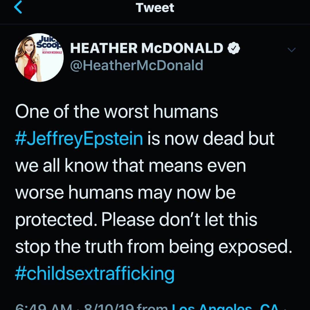 ヘザー・マクドナルドのインスタグラム：「Epstein killed himself. He WAS NOT on Suicide Watch! How convenient that no one saw “it” happen. How did “they” let this happen? #stopchildsextrafficking」