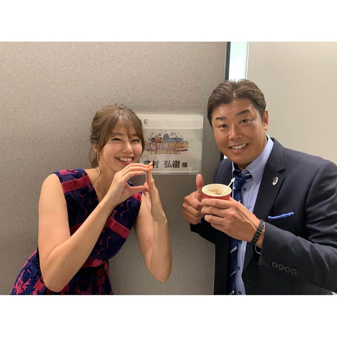 稲村亜美さんのインスタグラム写真 - (稲村亜美Instagram)「今日はテレビ朝日 「ファン10万人がガチで投票！高校野球総選挙」最強高校編みてくださってありがとうございました😊🙏 それぞれの最強高校があると思うので一概にどこが絶対にここが1位だ！！とかあるわけではないのでどこの高校が選ばれてもおかしくない順位だったと思います😥✨ わたしが生まれる前の甲子園の映像が観れたりと楽しかったな〜 3時間があっという間でした！！ 皆さんはどこが一位予想だったのでしょうか？ 教えてください🙆‍♂️✨ 1枚目は元PL学園の野村弘樹さんと🥰 いつもユーモアの溢れている頼れる弘樹さんです🙏🙏 そして衣装はdress @rieka_inoue_gnu accessory @marina_hma でした🥰  #ちなみにPL学園のPを表現しようとして逆になってしまいまった一枚です。笑」8月10日 23時21分 - inamura_ami