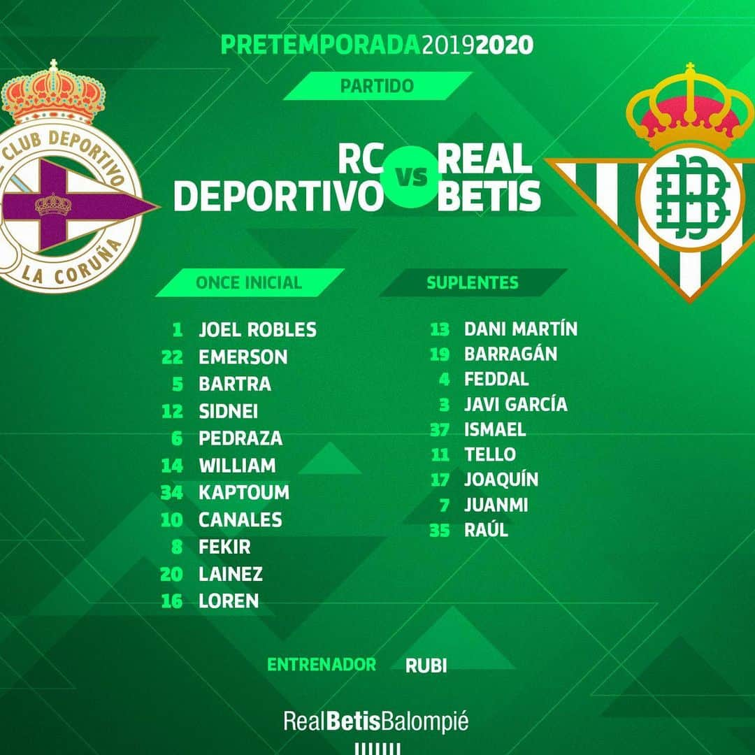 レアル・ベティスさんのインスタグラム写真 - (レアル・ベティスInstagram)「¡Este es nuestro once inicial para enfrentarnos al @rcdeportivo en el último partido de la pretemporada! ⚽🔋🆙 — This is our line up to face RC Deportivo in the last match of the preseason! ⚽🔋🆙 #BetisOnTheRoad #TeresaHerrera」8月11日 3時09分 - realbetisbalompie