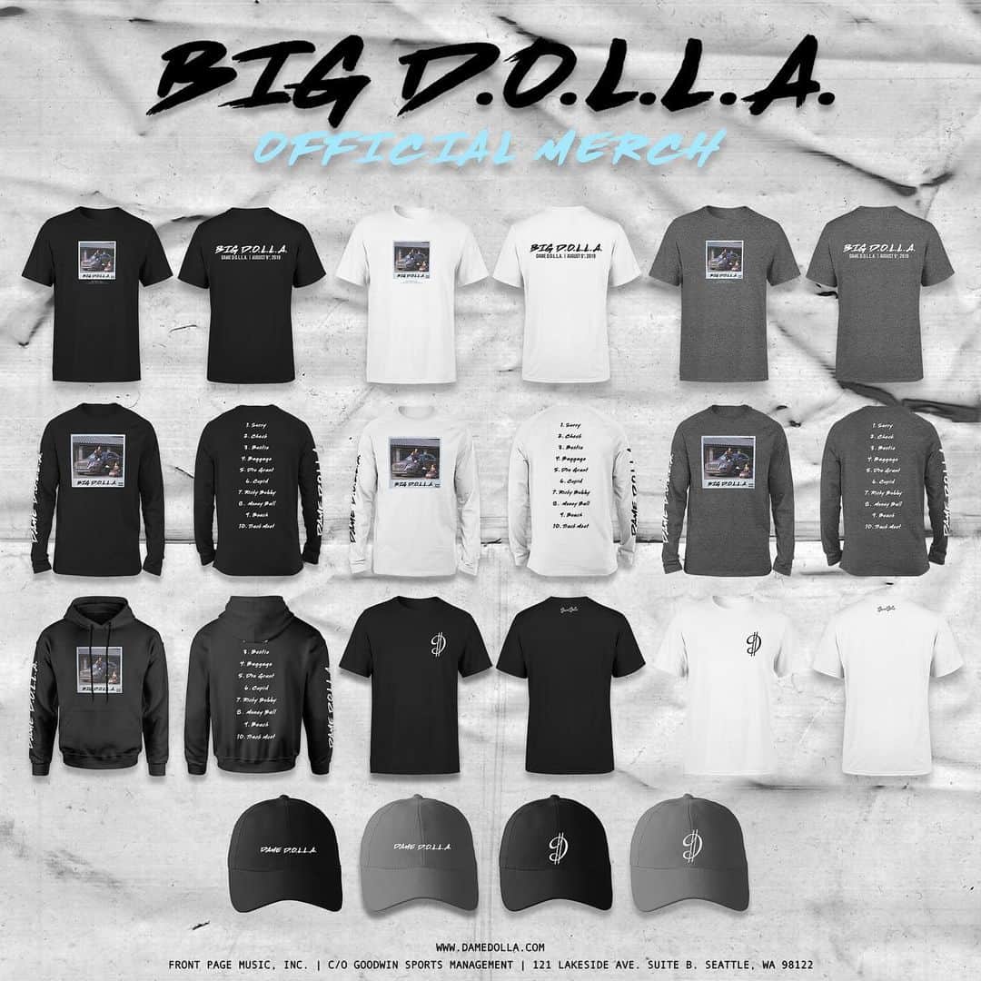 デイミアン・リラードのインスタグラム：「Official #BigDOLLA merch. A digital copy of my Big D.O.L.L.A. album comes with every merch purchase.  Get yours at bigdollamerch.com.  Designed by @Mooyagi  #DameDOLLA #FrontPageMusic」