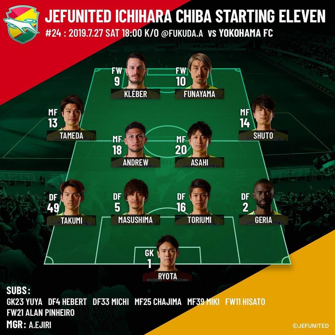ジェフユナイテッド市原・千葉のインスタグラム：「‪2019.7.27 SAT 18:00 K/O‬ ‪vs YOKOHAMA FC ‪JEFUNITED STARTING Ⅺ‬ ‪#jefunited  #jef  #ジェフ千葉  #横浜FC #明治安田生命J2リーグ  #Jリーグ  #jleague‬ #サッカー #サッカー観戦」