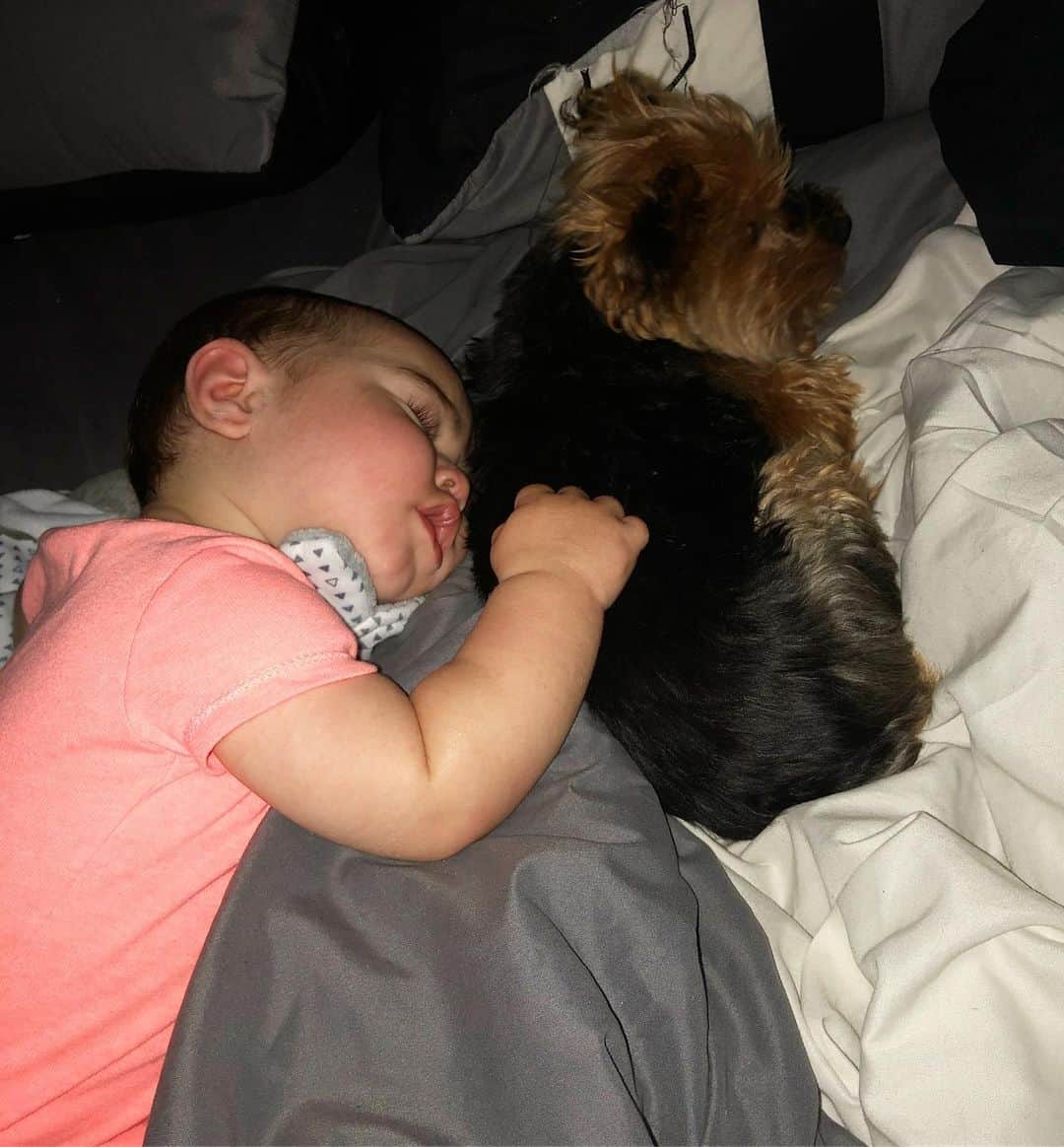 ディーナ・ニコール・コルテーゼのインスタグラム：「Cuddling on his fur-sister 😫 #mybabies #love」