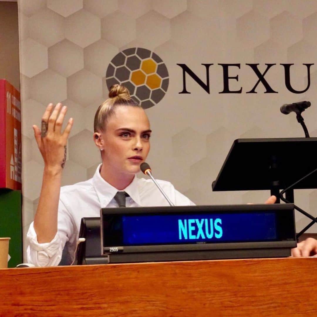 カーラ・デルヴィーニュのインスタグラム：「Love is my hero, and it always will be. And it can save the world if we understand it. ❤️ So honored to be able to share my mental health story at the UN for @thenexussummit. #WeAreNexus」