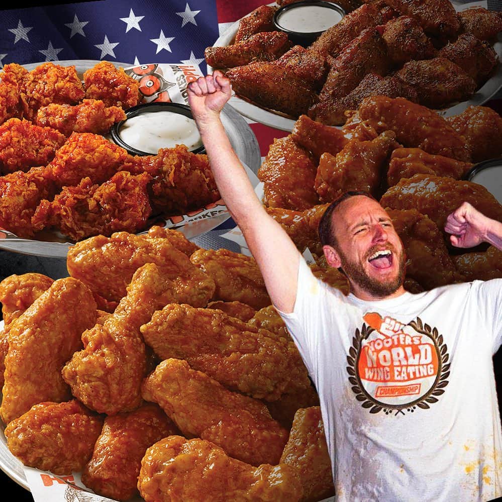 Hootersさんのインスタグラム写真 - (HootersInstagram)「It's almost time. It's almost #NationalChickenWingDay.  Don't forget — on July 29 you get All You Can Eat Wings for $15.99 AND you get to watch Joey Chestnut eat wings for 12 hours.  Don't forget about the #ChestnutChallenge! Guess how many wings he'll eat in the link in our bio for a chance to win free wings for a year!」7月28日 4時49分 - hooters