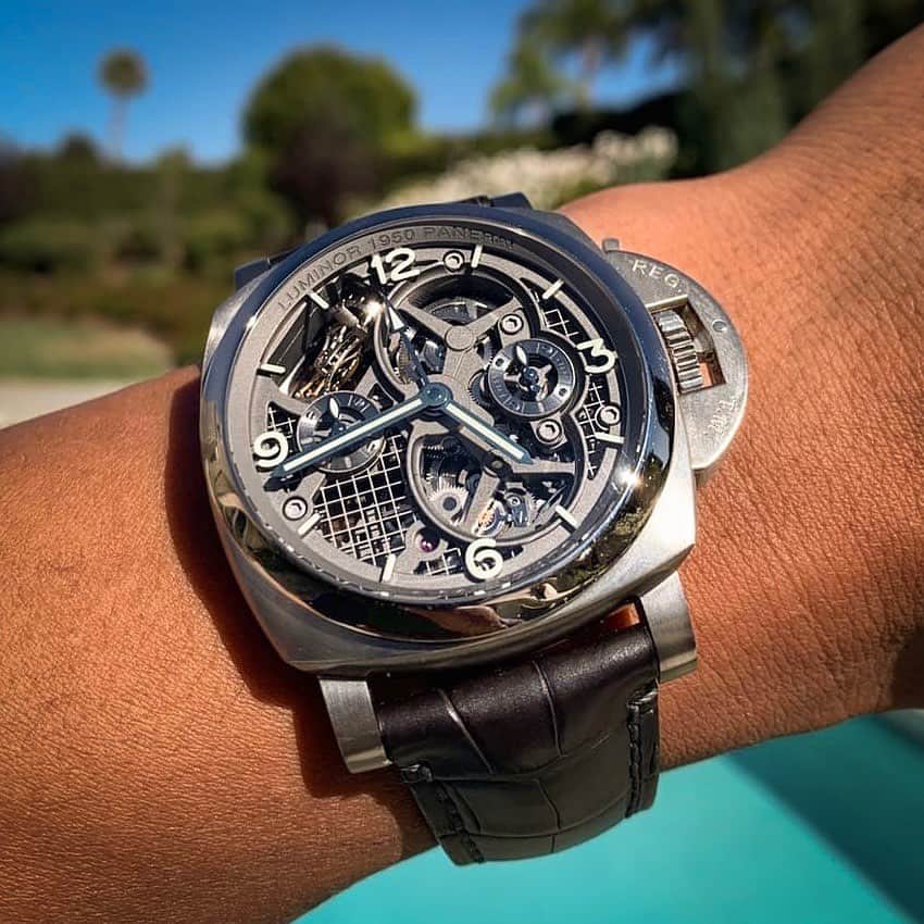パネライのインスタグラム：「One the OG’s and buddy @d1944 rocking the sexy #Panerai #PAM767 Lo Scienziato Tourbillon. This case is 3D printed from titanium powder and complete the whole watch weighs about 98 grams! 😮 #paneraicentral」
