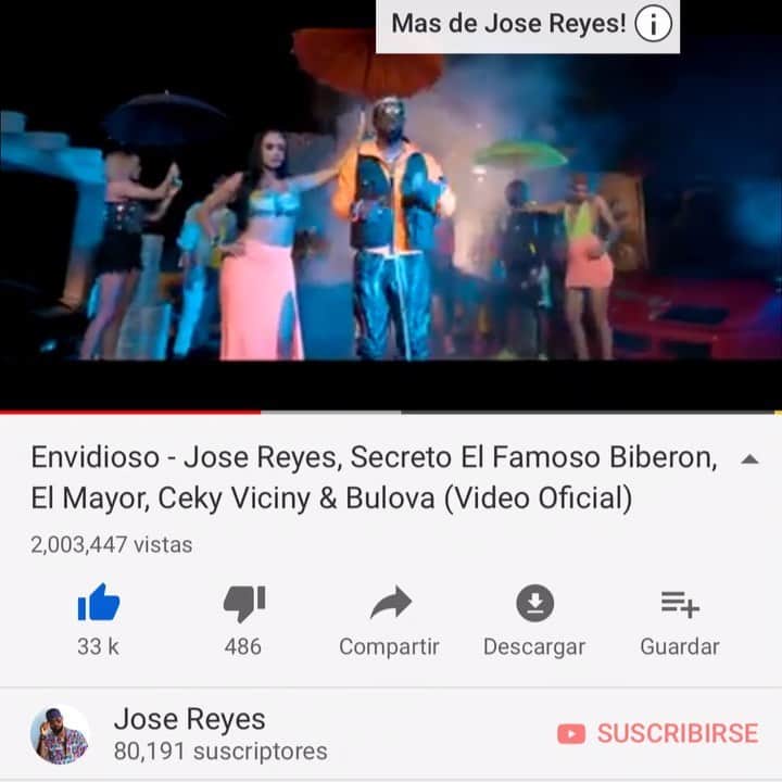 ホセ・レイエスのインスタグラム：「Gracias🙏🏼 a todos eso fans que han compartido mi último tema #Envidioso Hoy llegamos a los 2M🍈views Mil Gracias Sigan compartiendo el video comenten dale me gusta Suscríbete.(Link In Bio)」