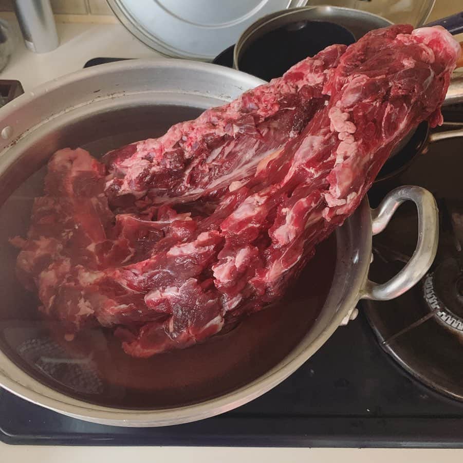 宮前真樹さんのインスタグラム写真 - (宮前真樹Instagram)「#エルマーごはん  鹿さんありがとう🦌. . 知り合いから大量の骨を頂きました 1番大きなお鍋でも入りきらない大きさ 上下返しながら1時間強灰汁を取りながら煮たら 流水で洗いながら余分な脂肪を取り除きます。 そしてオーブン低温で3〜4時間じっくり乾燥焼き。 #冷蔵庫にこの写真の3倍はある #大型犬おやつ #手作り犬おやつ #家中獣臭 #オヤツが可愛くない #冷蔵庫に鹿の爪先 #この美しい爪先 #どうしていいかわからない😂.」7月28日 12時42分 - miyamaemaki0116