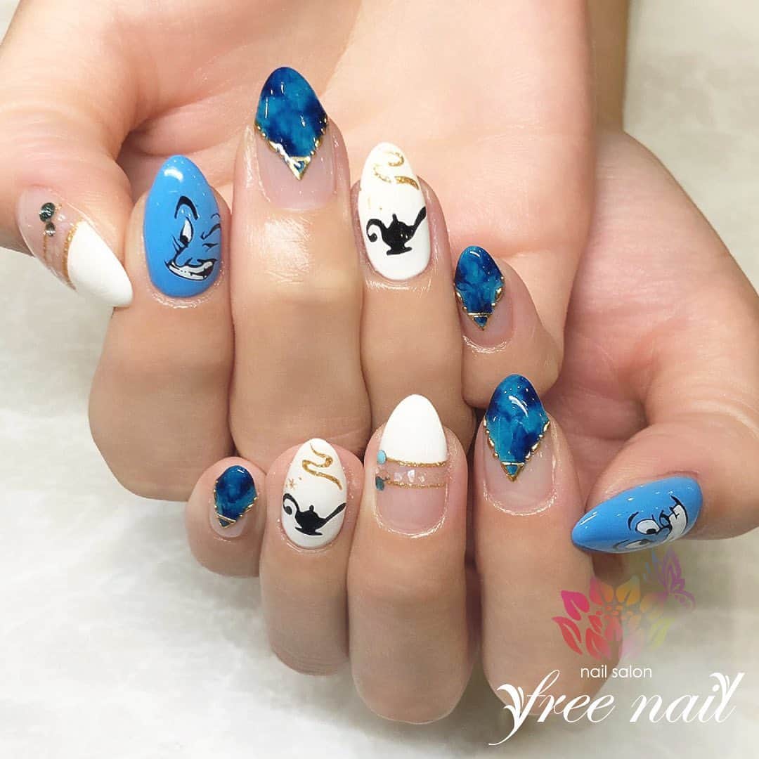 free nail フリーネイルのインスタグラム：「. お客様ネイル💅🏻🌻✨ . アラジンネイル🧞‍♂️✨ . 実写版アラジンご覧になりましたか？🧞‍♂️✨ . ご来店ありがとうございました🙇🏻‍♀️🙇🏻‍♀️🙇🏻‍♀️💗 . #ネイル #フリーネイル #ネイルアート #ジェルネイル #ネイルサロン #大阪ネイルサロン #ネイルデザイン #ネイルチェンジ #アラジンネイル #ディズニーネイル #手書きアート #キャラクターネイル #フレンチネイル #大理石ネイル #ホワイトネイル #ブルーネイル #デザインネイル #こだわりネイル #トレンドネイル #おしゃれネイル #夏ネイル #美甲 #日式美甲 #summernails #nailsart #nailsalon #nailsdid #newnails #newnail #freenail」