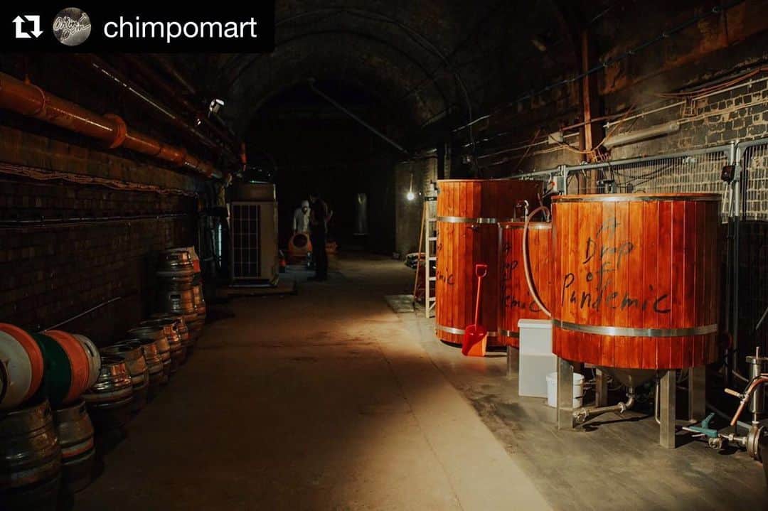 エリイ のインスタグラム：「マンチェスターの展示  #Repost @chimpomart ・・・ “A Drunk Pandemic”  First photo: Rob Connor  マンチェスター・ヴィクトリア駅の地下にある巨大な廃墟で、新作の大型プロジェクト「A Drunk Pandemic」を行っています。マンチェスター・インターナショナル・フェスティバルのためのプロジェクトで、コンタクト劇場のキュレトリアルコレクティブ・ヤングキュレーターによるキュレーションです。 - Victoria Station地下の廃墟内にオリジナルのビール工場を設置。コレラで亡くなった人専用の埋葬地とされたこの環境で、オリジナルのビール「A Drop of Pandemic」のEH Approved edition (衛生局認可バージョン)と EH unapproved edition(衛生局不認可バージョン)を醸造する。コレラや酵母といったバイオ的なプロセスを可視化しつつ、コレラとビールの歴史的な関係を文脈とする。 19世紀のコレラ流行時、一度煮沸してから醸造されるビールは、生水の代替品として考えられていた。修道院で生産されるトラピストビールはその過程で生まれ、実際に民衆の間では当時「水か酒か」という議論がなされたという。 - そのビール「A Drop of Pandemic」のテイスティングの場と直営店として、公衆便所内にパブ「Pub Pandemic」(バーテンはChim↑Pom)を設営。トイレとしてもバーとしても機能。 マンチェスターから発生した産業革命の直後、急激な都市化による劣悪な衛生環境は、コレラのパンデミックを引き起こした大きな要因であった。近代‪都市の上下水道‬などのインフラ整備と衛生改革は、コレラへの対応としてなされたという。コレラ患者は老人や虚弱者や労働者、酒飲みといった貧困層に偏っていた。当時、裕福な層が彼らを道徳的に劣っている、と考えていたことから、「コレラ＝不道徳」という考えがあったという。“不道徳な病気”を撲滅するには、“不道徳な人間”の生活環境を道徳的に向上させなければいけない。衛生革命や公衆便所の設置は、そんな発想で行なわれたとも言われている。ちなみにパブは、パブリックハウスの略である。パブ・パンデミックも新たなプラットフォームとして、観客とChim↑Pomの交流の場として設置される。  To be continued... #adrunkpandemic #pandemicpissup #chimpom #mif19」