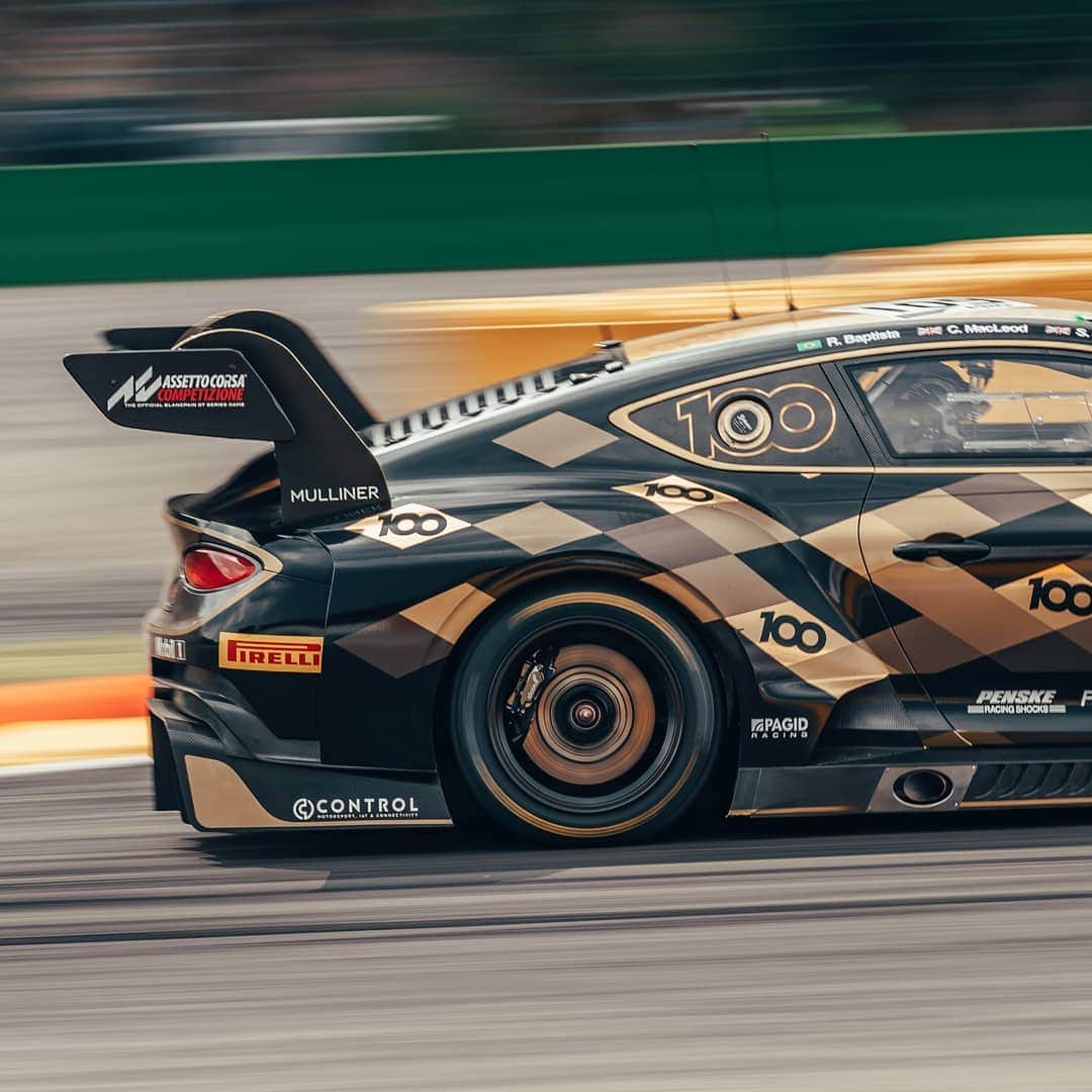 のインスタグラム：「The futuristic pattern and flashes of gold on the #Bentley100Years #ContinentalGT3 livery heralds the future of #Bentley as we enter our second Century. Follow @BentleyRacingOfficial for #Spa24H updates. Learn more through link in bio.」