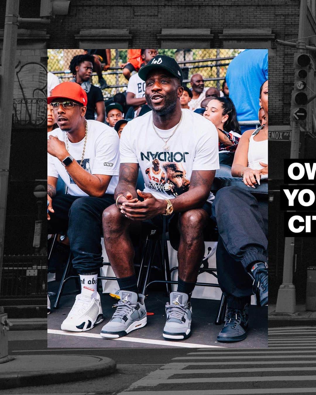 のインスタグラム：「The streets are heating up. Own the city in the #AirJordan IV ‘Cool Grey.’ Available on SNKRS 8.1.」