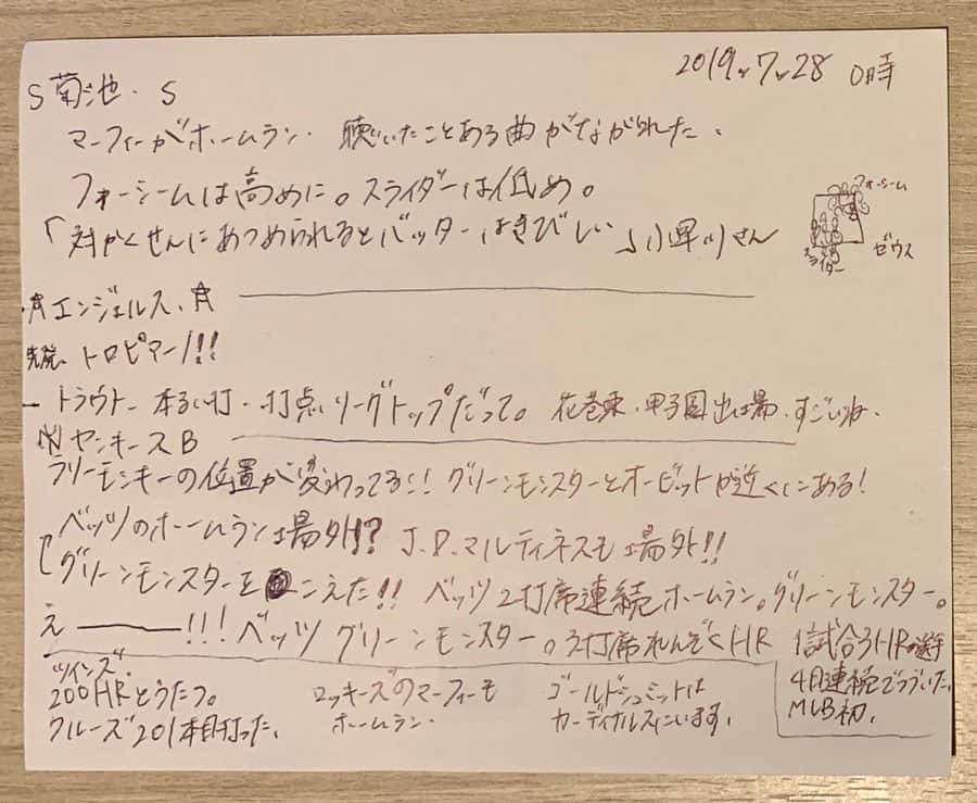 牧野真莉愛さんのインスタグラム写真 - (牧野真莉愛Instagram)「♡ ♡ ワースポ、初めて紙にメモした📝 ・ ⚾️『ワースポ×MLB』⚾️ ＮＨＫＢＳ１さん 毎週月曜～金曜 午後11時 毎週日曜 午前0時（土曜深夜） 毎週月曜 午前0時（日曜深夜） ・ ぜひご覧ください❤ ・ モーニング娘｡'19 牧野真莉愛です「MLBはBS1」❣️ ♡ ♡  #NHKBS1 #ワースポMLB #小早川毅彦 さん #黒木知宏 さん #上田まりえ さん #山本萩子 さん #mlb #モーニング娘19 #morningmusume19」7月28日 22時05分 - maria_makino.official