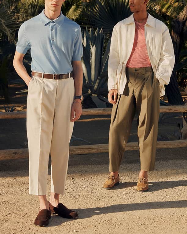 MR PORTERのインスタグラム：「⁠ Light and breezy, with room for maneuver (another ice cream anyone?)⁠ -⁣⁠ 🛒 Left: Tom Ford Polo Shirt (1110966), Mr P. Trousers (1124600), Dries Van Noten Belt (1105966), Montblanc Heritage Pulsograph (1168701) and Mr P. Loafers (1076175). Right: Camoshita Field Jacket (1120781), Studio Nicholson T-Shirt (1121911), Monitaly Trousers (1114205) available now via the Sun Shop - link in bio. #MRPORTER」