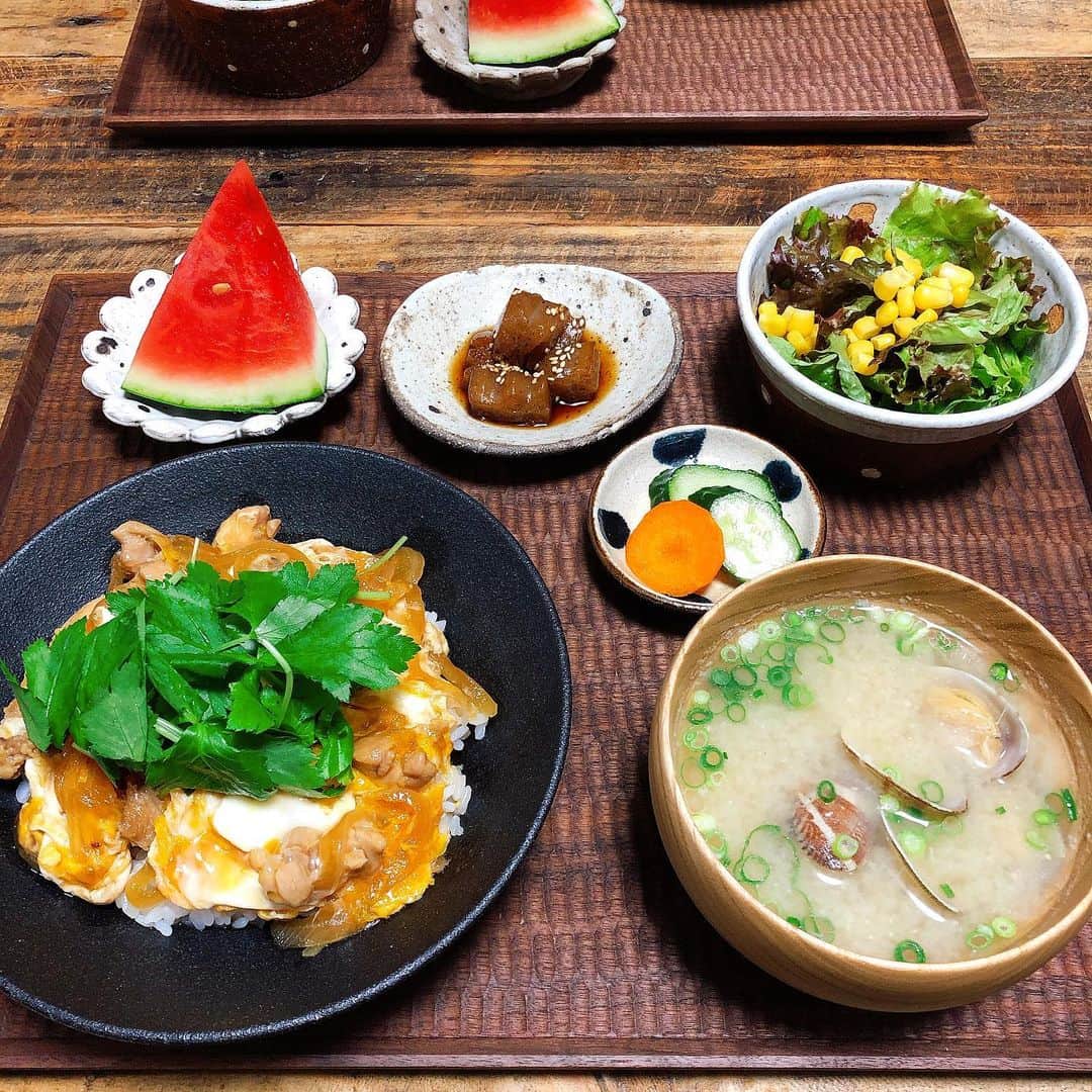chaako ちゃあこのインスタグラム：「2019.7.29 * * 今日の晩御飯٩(๑❛ᴗ❛๑)۶ * ＊親子丼 ＊蒟蒻のぴり辛煮 ＊サラダ ＊浅漬け ＊あさりのお味噌汁 ＊スイカ * でした(๑´ڡ`๑) * 今日は親子丼ー。 簡単で美味しい親子丼。 私の中で神料理(笑) * 夫はこれに、冷やしとろろうどんも食べました。 * * * 今日は月曜日なので、はなちゃんの病院へ。 いつも通り点滴をして、薬を受け取って、豪雨だったので看護師さん達と少し話して、雨が少しでも弱まるのを待って車に乗ったのですが… * 車に乗った途端、はなちゃんがまた発作で気を失ったみたいになって( ꒪Д꒪) * 少しだけど失禁も。 * まだ乗ったばかりで動物病院の駐車場だったので、急いでまた病院の中に戻って。 * すぐ意識も状態も戻ったのですが、やっぱり心臓の不整脈による発作… * 先週からの2回目… 丁度病院だったから良かったけど、本当に怖かった。 * これから頻繁に起こるのかな… 元気そうに見えて、やっぱり状態が良くないんだろうな… * 腎臓の為の点滴も、量が多かったり回数が多いと心臓への負担があるので、増やせないんです。 * 心臓が悪い為に、腎臓の病で使いたい薬が使えなかったりもして。 * 1番悪かった5月の時のはなちゃんを考えたら、今元気そうにしてるのは奇跡で。 * 夫が「今のこの期間は、はなちゃんが俺達に心の準備が出来る様に時間をくれてるんだと思う」ってよく言うのですが、私もそれは思ってて。 * 5月の時点で、いつどうなってもおかしくない状態だったから、心の準備はしておかなくちゃいけないって、日々思ってはいるのですが、「大丈夫、心の準備出来てる」と「そんな事考えたくない」っていう思いがずっと交錯してます。 * 今は、はなちゃんに穏やかでゆっくりな時間を過ごしてもらう事。それだけ。 * 5月のあのキツい時期を乗り越えられたんだもん。 はなちゃんの生命力、凄いと思います。 私達も頑張ります。 * * * #はなちゃんの病気の記録」