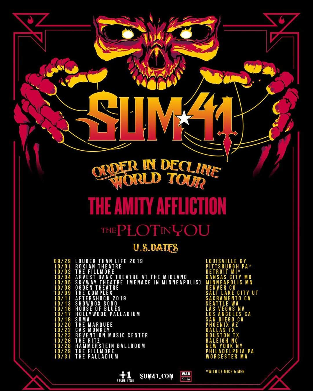 Sum 41さんのインスタグラム写真 - (Sum 41Instagram)「We're hitting the road again this Fall on the Order In Decline World Tour with @theamityaffliction and @theplotinyouofficial! @omandm will be joining us on a few shows as well.  Tickets on sale Friday, August 2 at 10am local time.  Pre-sale tickets are available now using password: ORDERINDECLINE [link in story]」7月29日 23時10分 - sum41