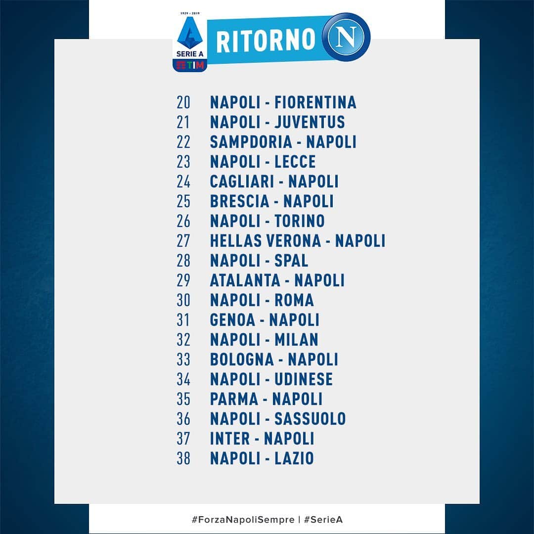 SSCナポリさんのインスタグラム写真 - (SSCナポリInstagram)「Here's Napoli's full fixture list for #SerieATIM 2019/20 @seriea 💙 #ForzaNapoliSempre #OneCityOneClubOnePassion」7月30日 3時19分 - officialsscnapoli