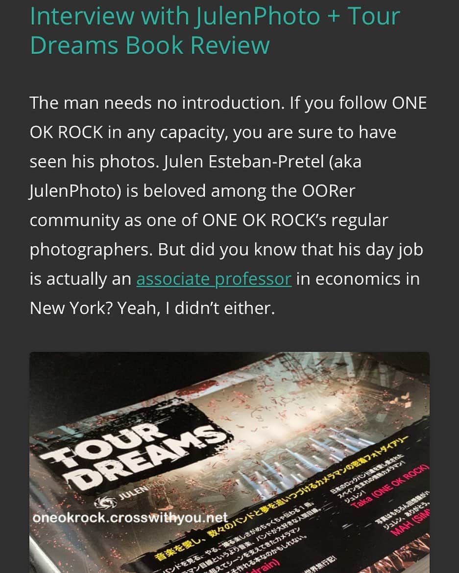 Julen Esteban-Pretelのインスタグラム：「I got interviewed by @crossw1thyou for her ONE OK ROCK fan page and the result is out there for everyone to read. It also includes a review of my book TOUR DREAMS, so go and check it out. The interview is both English and Japanese 🤘  https://oneokrock.crosswithyou.net/special/interview-with-julenphoto-tour-dreams-review/  #tourdreams  #julenphoto」