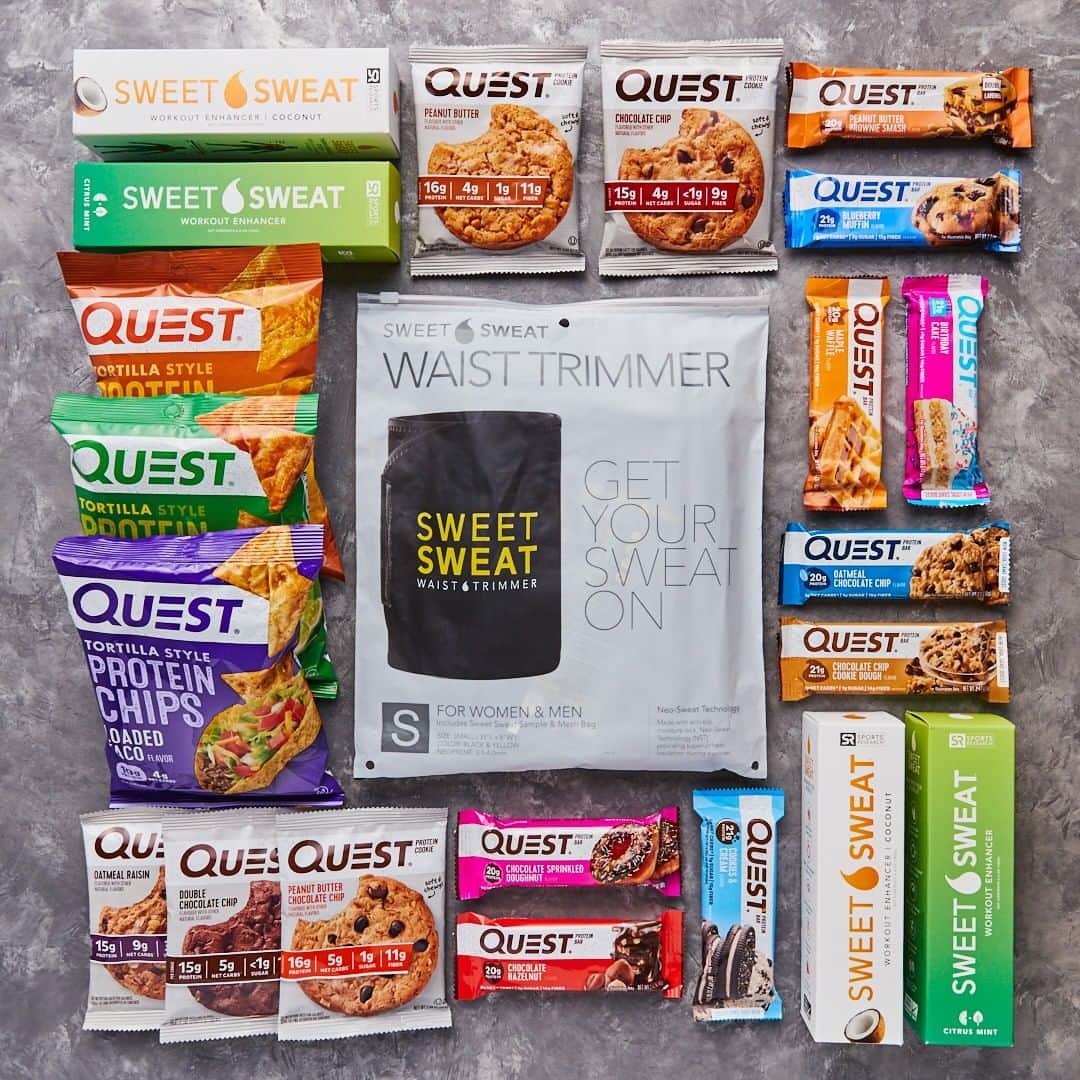 のインスタグラム：「💪💦 SUMMER GIVEAWAY 💪💦! We’ve teamed up with our friends at @sweetsweat to hook you up w/ a HUGE Quest bundle w/ bars+ cookies + chips AND #SweetSweat swag feat. two workout enhancers + waist trimmer so you can keep that summer body goin’! TEN WINNERS! 🙌 • Five lucky winners from each page will win! TO ENTER, see the rules below: • 1️⃣. LIKE this photo. 2️⃣. FOLLOW @questnutrition & @sweetsweat. (We check 🧐) 3️⃣. TAG YOUR WORKOUT CREW. (The more people you tag = higher chance of winning. ONE FRIEND ONLY TAGGED PER COMMENT. So tag away! 🎉) • Winners will be announced on 08/05/19 in the comments on both pages. Each winner will win a box of our most popular Quest Bar assortment, Quest Cookies assortment box (all flavors), one box of each Tortilla Chip flavor (four boxes total), one Sweet Sweat waist trimmer (choice of black & yellow OR black & pink), and one Sweet Sweat Workout Enhancer (choice of Citrus Mint or Coconut). U.S. winners only. Must be 18+ or older to win. Contest is not affiliated with Instagram. Good luck! #OnaQuest #QuestNutrition」