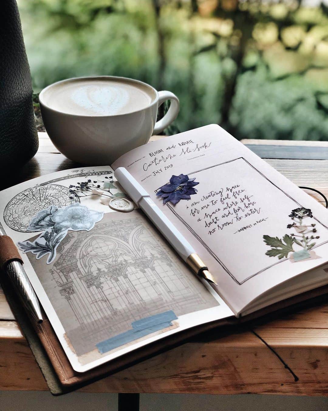 Catharine Mi-Sookさんのインスタグラム写真 - (Catharine Mi-SookInstagram)「Sometimes the cover page of a new notebook or journal can feel daunting, and I usually leave it blank and come back to it later to take the pressure off so I can just jump right into writing freely. That’s what I did with this particular insert. I waited until I was a few pages in and then came back to the cover page to set my intention with the rest of my journey within it. I’m happy with how it turned out, and it wasn’t daunting at all actually, but fun and refueling. 🌿 . . . . The quote I chose to commence this notebook: . “I am creating space for me to feel free. A space where self- doubt and fear have no room to enter.” . -Harpreet M Dayal . . . . Insert: Dessin Ultra Premium Sketchbook @soumkine. The new @ystudiostyle White Resin Fountain Pen @nomadostore. TN Leather Wallet Insert @galen_leather. Pen/Glasses Case @franklinchristoph. Small Aura Bucketbag @shopchc. And a cameo of the new alloy @clickypost pen! . . . . #journaling #dailyjournal #soumkine #travelerscompany #トラベラーズノート #midoritravelersnotebook #ystudio #fountainpens #nomadostore #leathercraft #franklinchristoph #stationery #galenleather #loveforanalogue #stationerylove #scrapbooking #scrapbooklayout #junkjournal #creativejournaling #creativespace #creativejournal #coffeenclothes #coffeeshopvibes #aquietstyle #coffeeshopsoftheworld #thedailywriting #penmanship #plannernerd」7月30日 8時24分 - catharinemisook