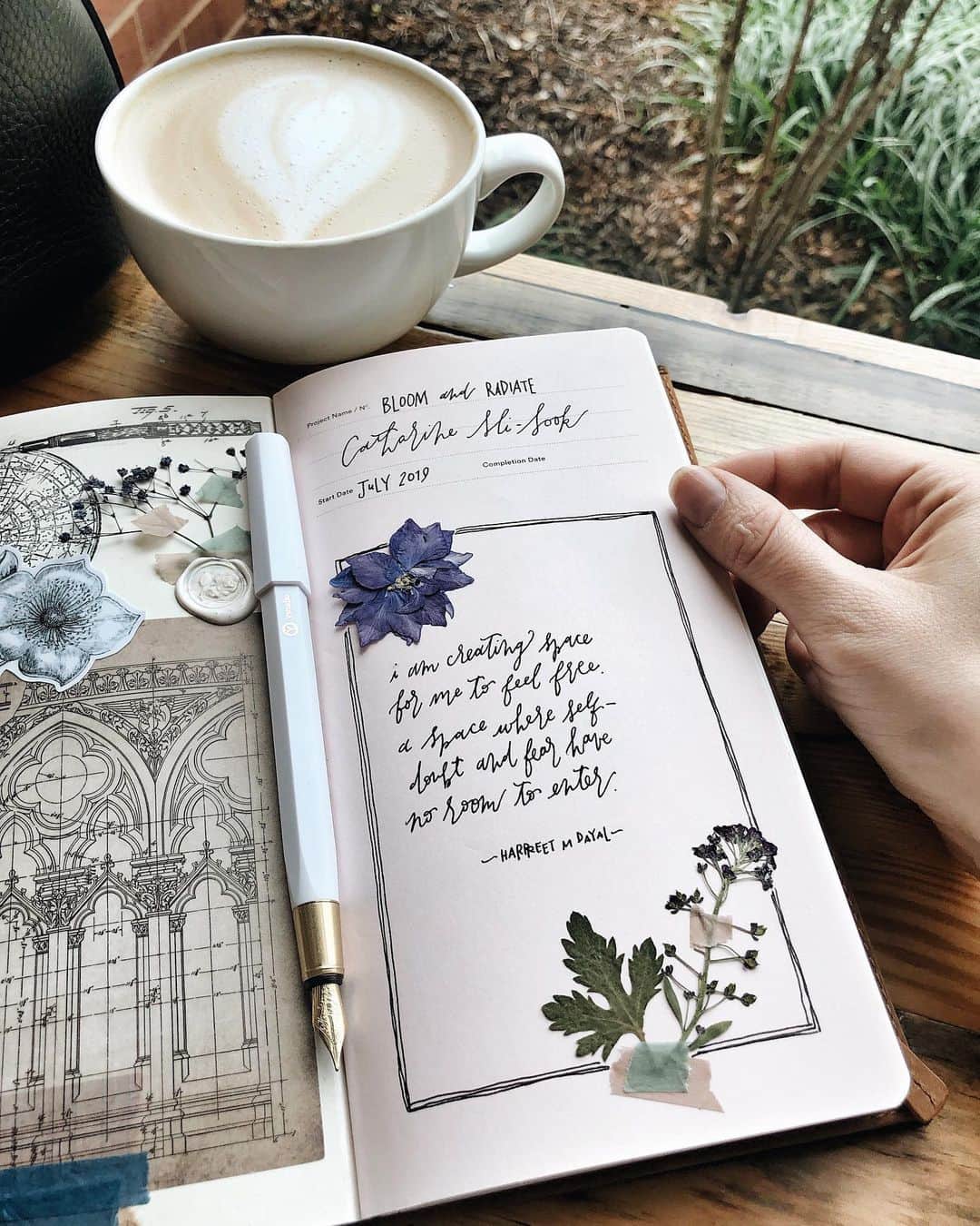 Catharine Mi-Sookさんのインスタグラム写真 - (Catharine Mi-SookInstagram)「Sometimes the cover page of a new notebook or journal can feel daunting, and I usually leave it blank and come back to it later to take the pressure off so I can just jump right into writing freely. That’s what I did with this particular insert. I waited until I was a few pages in and then came back to the cover page to set my intention with the rest of my journey within it. I’m happy with how it turned out, and it wasn’t daunting at all actually, but fun and refueling. 🌿 . . . . The quote I chose to commence this notebook: . “I am creating space for me to feel free. A space where self- doubt and fear have no room to enter.” . -Harpreet M Dayal . . . . Insert: Dessin Ultra Premium Sketchbook @soumkine. The new @ystudiostyle White Resin Fountain Pen @nomadostore. TN Leather Wallet Insert @galen_leather. Pen/Glasses Case @franklinchristoph. Small Aura Bucketbag @shopchc. And a cameo of the new alloy @clickypost pen! . . . . #journaling #dailyjournal #soumkine #travelerscompany #トラベラーズノート #midoritravelersnotebook #ystudio #fountainpens #nomadostore #leathercraft #franklinchristoph #stationery #galenleather #loveforanalogue #stationerylove #scrapbooking #scrapbooklayout #junkjournal #creativejournaling #creativespace #creativejournal #coffeenclothes #coffeeshopvibes #aquietstyle #coffeeshopsoftheworld #thedailywriting #penmanship #plannernerd」7月30日 8時24分 - catharinemisook