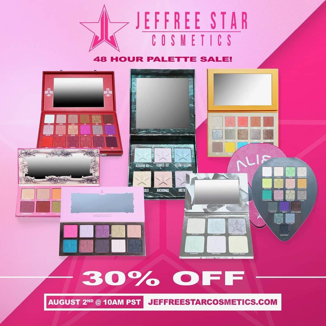 Jeffree Star Cosmeticsさんのインスタグラム写真 - (Jeffree Star CosmeticsInstagram)「OH. MY. GOD. 😭🔥😇 THIS FRIDAY we are having a huge surprise sale!!!!! For the first time ever, we are giving everyone 30% OFF most of our eyeshadow & highlighter palettes!!! 😱 Come shop our iconic classics and experience the #JeffreeStarCosmetics formula 🌈 Also restocking will be our pink & blue chrome Star mirrors and several #MagicStar setting powders..」7月30日 10時13分 - jeffreestarcosmetics