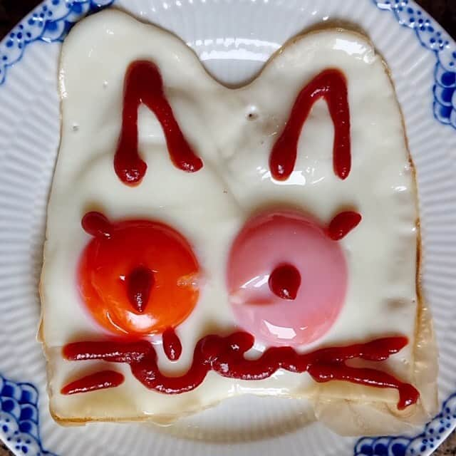 大地真央さんのインスタグラム写真 - (大地真央Instagram)「目玉焼きシリーズ🍳また、できました〜‼ ・おとうさん😸オッドアイ👀 ・おかあさん😸オッドアイ👀 ・こねこ🐱（烏骨鶏の卵） ・顎と帽子付き😼（🍞の助けをかりて…） #目玉焼きオリジナルアート 🎨 #朝食 #目玉焼き #ノンオイル #ケチャップ #卵 🥚×2 #猫 😸 #オッドアイ 👀 #烏骨鶏 🐓 #玄米パン 🍞 #大地真央 撮影📱 #MAODAICHI」7月30日 12時44分 - daichimao_official