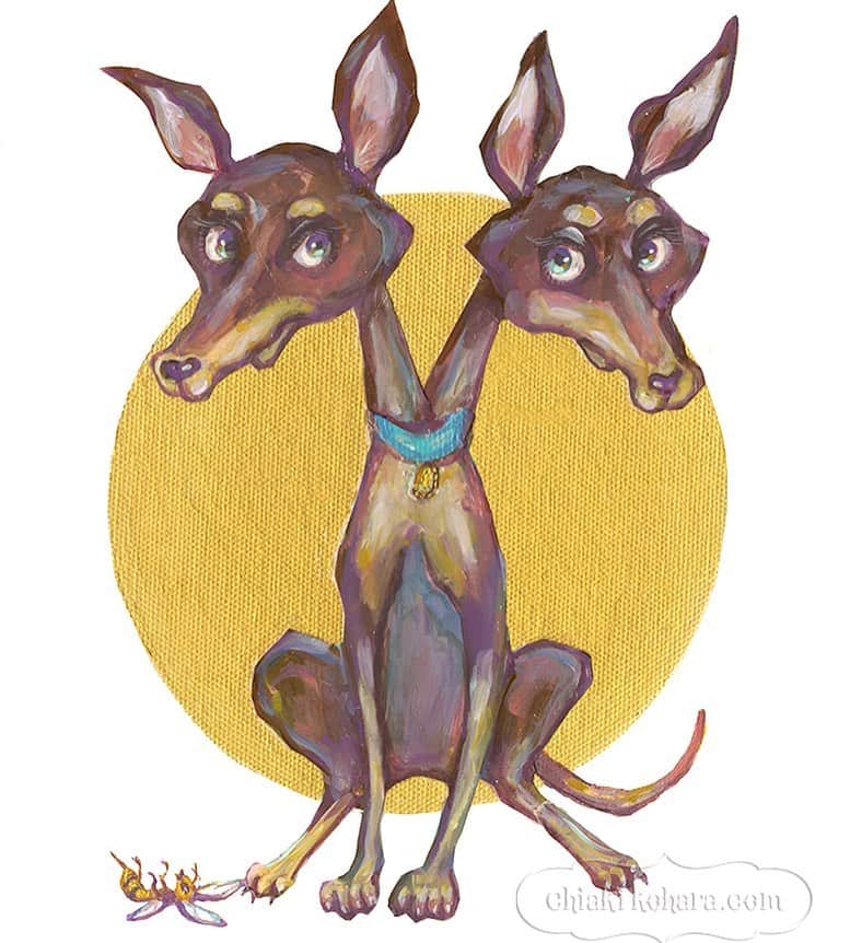 チアキコハラのインスタグラム：「《小分けにしても見分けはつかず、知らないフリが上手なあなた》 . #見分けつかず #ぴんしゃー #ミニピン #pinsher #pinsherlove #犬飼うなら #双子犬#twins#bee #犬イラスト #art#artwork#illustration#artist  #acrylicpainting #好きなのこの絵」