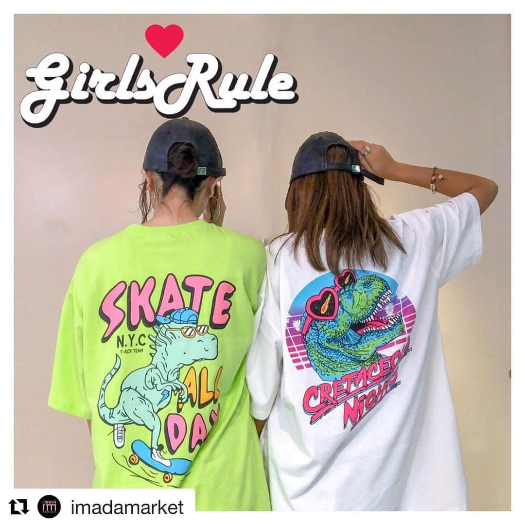 ガールズルールさんのインスタグラム写真 - (ガールズルールInstagram)「#Repost @imadamarket ﻿ ﻿ 🦖dinosaur series🦖﻿ ﻿﻿ 大人気恐竜シリーズが再入荷しました🤭﻿ バックスタイルがとっても可愛い1枚です👕✨﻿ オーバーサイズの為男性の方も着ていただけます🌈﻿ お友達やカップルでのお出かけにどうですか❤？﻿ ﻿ 右﻿ ハートティラノTシャツ﻿ ￥3,680+tax﻿ 左﻿ スケート半袖Tシャツ﻿ ￥2,980+tax﻿ ﻿ ﻿ IMADA MARKETではSummer sale開催中です😘﻿ Girl's ruleはなんと20%OFF!!!﻿ ﻿﻿ この機会にぜひご来店下さい🍬﻿ 皆さまのお越しお待ちしております!!!!!﻿ ﻿﻿ @imadamarket﻿﻿ ﻿﻿ #koreanfashion #ootd #오오티디 #데일리룩﻿﻿﻿﻿﻿﻿﻿﻿﻿﻿﻿ #韓国ブランド #韓国ファッション #オルチャン #imadamarket #韓国セレクトファッション #韓国好きな人と繋がりたい #패션 #옷스타그램﻿ #girlsrule #sale」7月30日 20時23分 - girlsrule_official