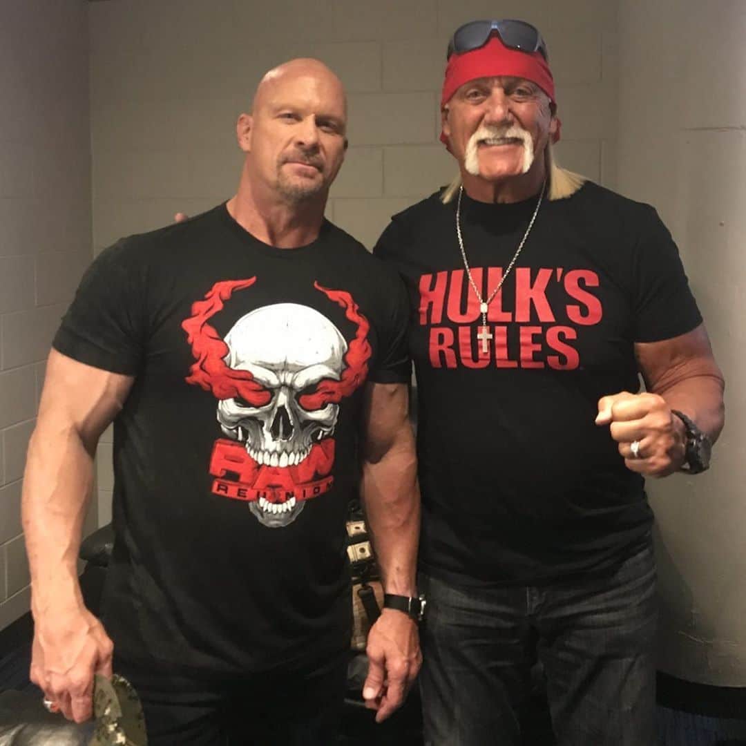 ストーン・コールド・スティーブ・オースチンのインスタグラム：「Today on the Steve Austin Show I shoot the breeze with one of, if not the biggest, star in the history of Professional Wrestling. @hulkhogan is my guest today. On @PodcastOne and Apple Podcasts.  We just scratched the surface. More to come next time we cross paths. #brother」