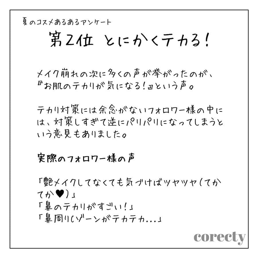 corectyさんのインスタグラム写真 - (corectyInstagram)「corectyフォロワーの『夏のコスメあるある』を大公開！スワイプしてね👉👉 以前ストーリーでアンケートした「夏のコスメあるある」アンケート📝 ・ アンケートの結果、特に多かった『あるある』を発表します🎉 ・ ・ 第１位 化粧が汗でヨレる、崩れる！ ・ 第２位 とにかくテカる！！ ・ 第３位 派手めのメイク、特にカラーメイクがしたくなる！ ・ ・ ・ 実際のフォロワー様から寄せられた『あるある』は投稿をチェックしてね♡  #化粧崩れ #メイク崩れ #崩れ防止 #あるある #コスメ #メイク #化粧品 #美容 #コスメ好き #コスメ好きさんと繋がりたい #夏コスメ #コスメ垢」7月30日 22時49分 - corecty_net