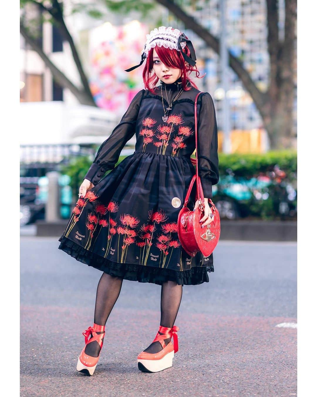 Harajuku Japanさんのインスタグラム写真 - (Harajuku JapanInstagram)「20-year-old Japanese subculture idol Roku (@6666nekura4444) on the street in Harajuku wearing a gothic lolita dress by Innocent World with a JoJo’s Bizarre Adventure necklace, Vivienne Westwood heart handbag, and Vivienne Westwood rocking horse shoes.」7月31日 5時40分 - tokyofashion