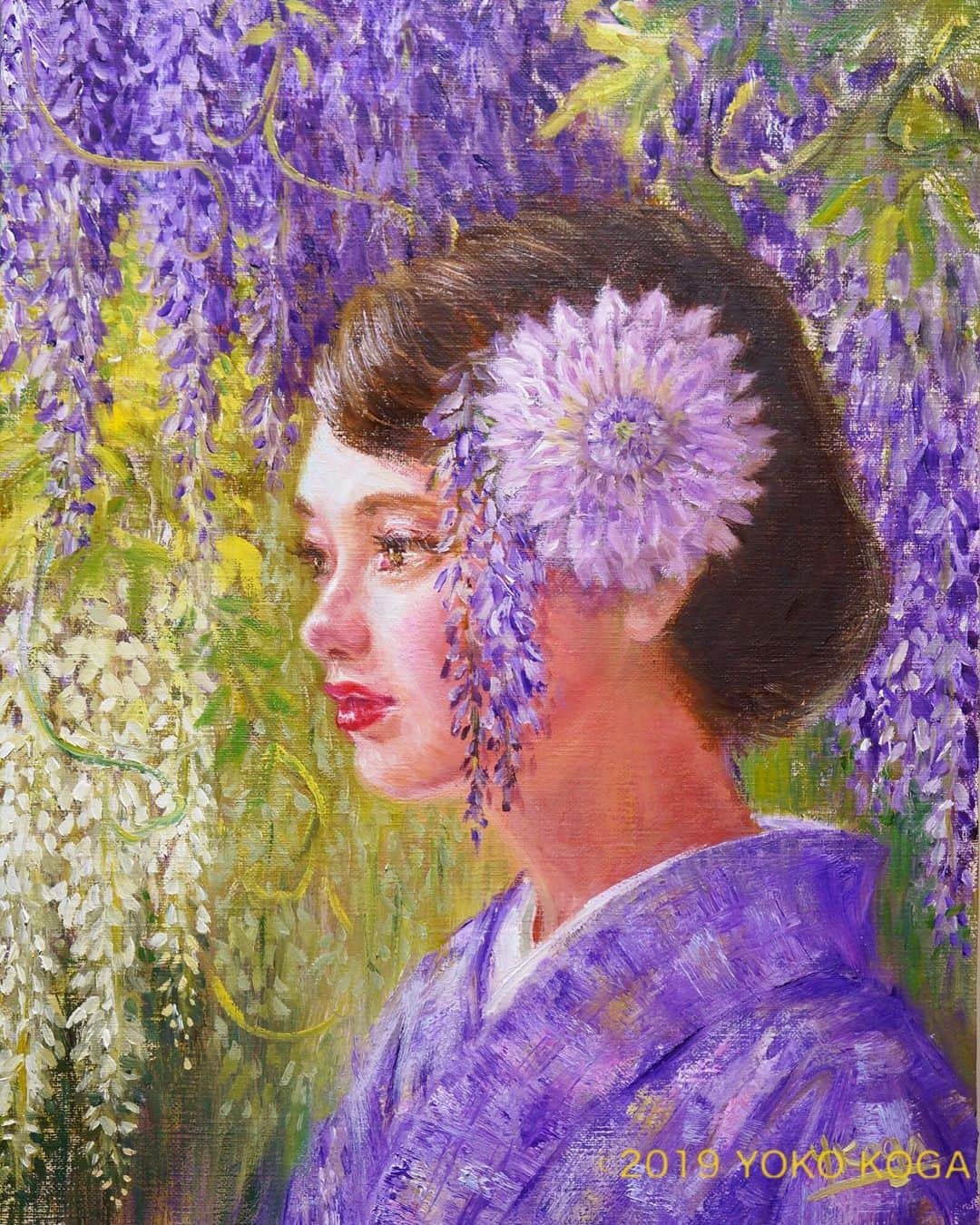 古賀陽子のインスタグラム：「“The Wisteria” 2019, oil on canvas, 40.9cm×31.8cm "藤" F6号  #人物画 #絵 #アート #ギャラリー #画家 #油絵 #カラー #portrait #figurepainting #figure #gallery #artist #portraitartist #painting #art #artwork #oilpainting #artstagram #instapainting #instajapan #instaart #instaartist #exhibition #exhibit #girl #color #beauty #アート好きな人と繋がりたい #古賀陽子 #yokokoga」