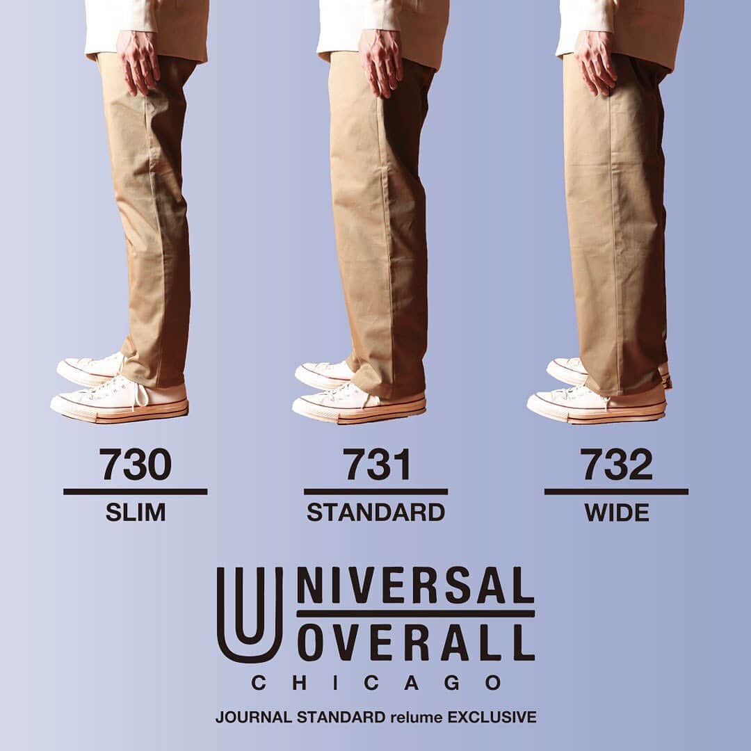 のインスタグラム：「﻿ ﻿ 毎シーズン好評のUNIVERSAL OVERALL × JOURNAL STANDARD relume の別注シリーズに新作が登場！﻿ ﻿ 今回は、スリムテーパード、スタンダード、ワイドと異なる3つのシルエットで別注した全く新しいエクスクルーシブコレクション。﻿ ﻿ ワークウェアブランドらしいタフな作りでどんな方の気分にハマる、ヘビロテ確定アイテムです。詳細はショッピングリンクより。﻿ ﻿ ﻿ 【入荷日】﻿ ･STANDARD CHINO：8月3日（土）﻿ ※一部店舗は8月4日（日）﻿ ･SLIM TAPERD / WIDE CHINO：8月9日（金）﻿ ※一部店舗は8月10日（土）﻿ ﻿ 【入荷店】﻿ JOURNAL STANDARD relume 全店、公式通販ベイクルーズストア﻿ ﻿ ﻿ #universaloverall ﻿ #chinopants﻿ #relumeexclusive﻿ #19fw ﻿ #mens﻿ #baycrews﻿ #relume﻿ #journalstandardrelume﻿」