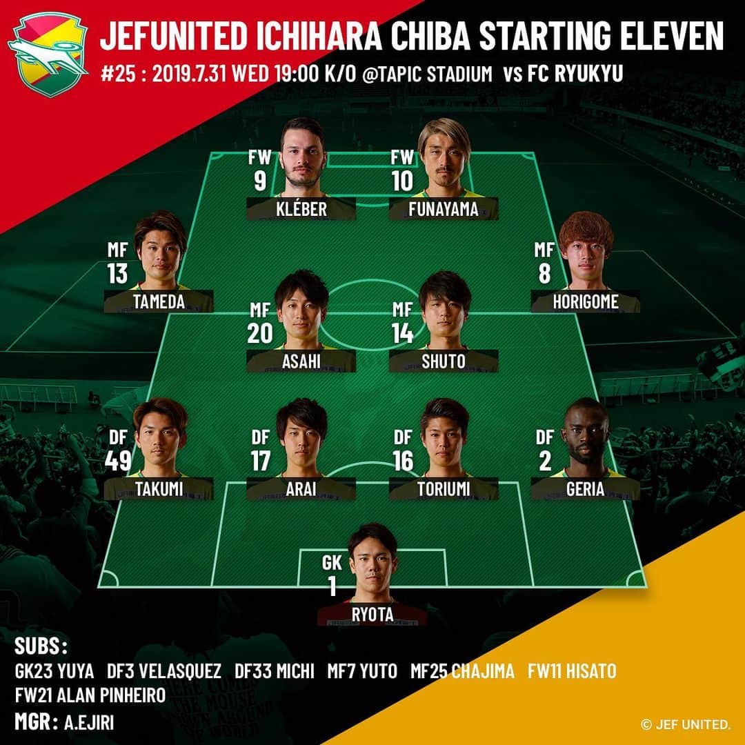 ジェフユナイテッド市原・千葉のインスタグラム：「2019.7.31 WED 19:00 K/O vs FC RYUKYU JEFUNITED STARTING Ⅺ  #jefunited  #jef  #ジェフ千葉  #FC琉球 #明治安田生命J2リーグ  #Jリーグ  #jleague」