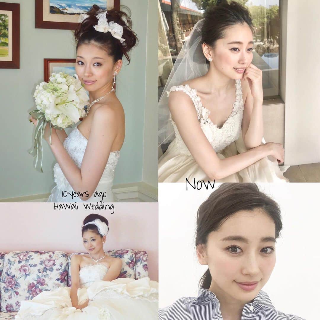 のインスタグラム：「写真整理で出てきたからやってみた 眉毛つながりで昔の花嫁pic👰♫♫ 左:10年前は眉毛が激細！！！ 右:ここ近年の花嫁とmake pic weddingでも今のmakeと髪型に流行りを感じるね 印象が全然違うから眉毛ってほんとうに大事だね♡♡ #10年前#比較するのやってみた #目がつっててデコも狭いね笑 #10年で1から2cmはたれるのかな？ #というかオデコは伸びてる笑 #デコの産毛がなくなったかも？？！ #眉毛は育毛剤で育つよ #chisamake#松永ちさと」