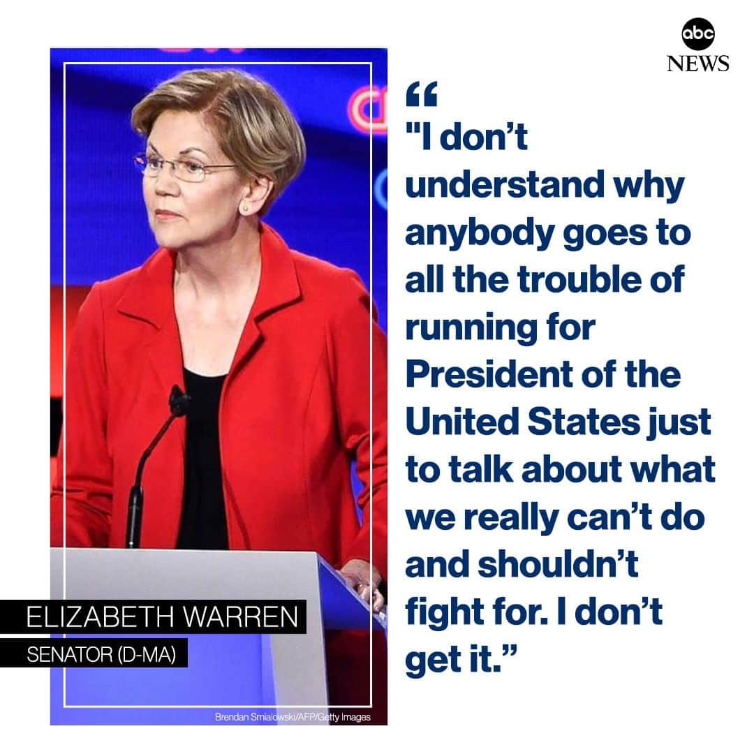 ABC Newsさんのインスタグラム写真 - (ABC NewsInstagram)「Sen. Elizabeth Warren responds to John Delaney saying Democrats shouldn't run on "impossible promises": "I don't understand why anybody goes to all the trouble of running for the president of the United States just to talk about what we really can't do and shouldn't fight for." #DemDebate」7月31日 10時27分 - abcnews