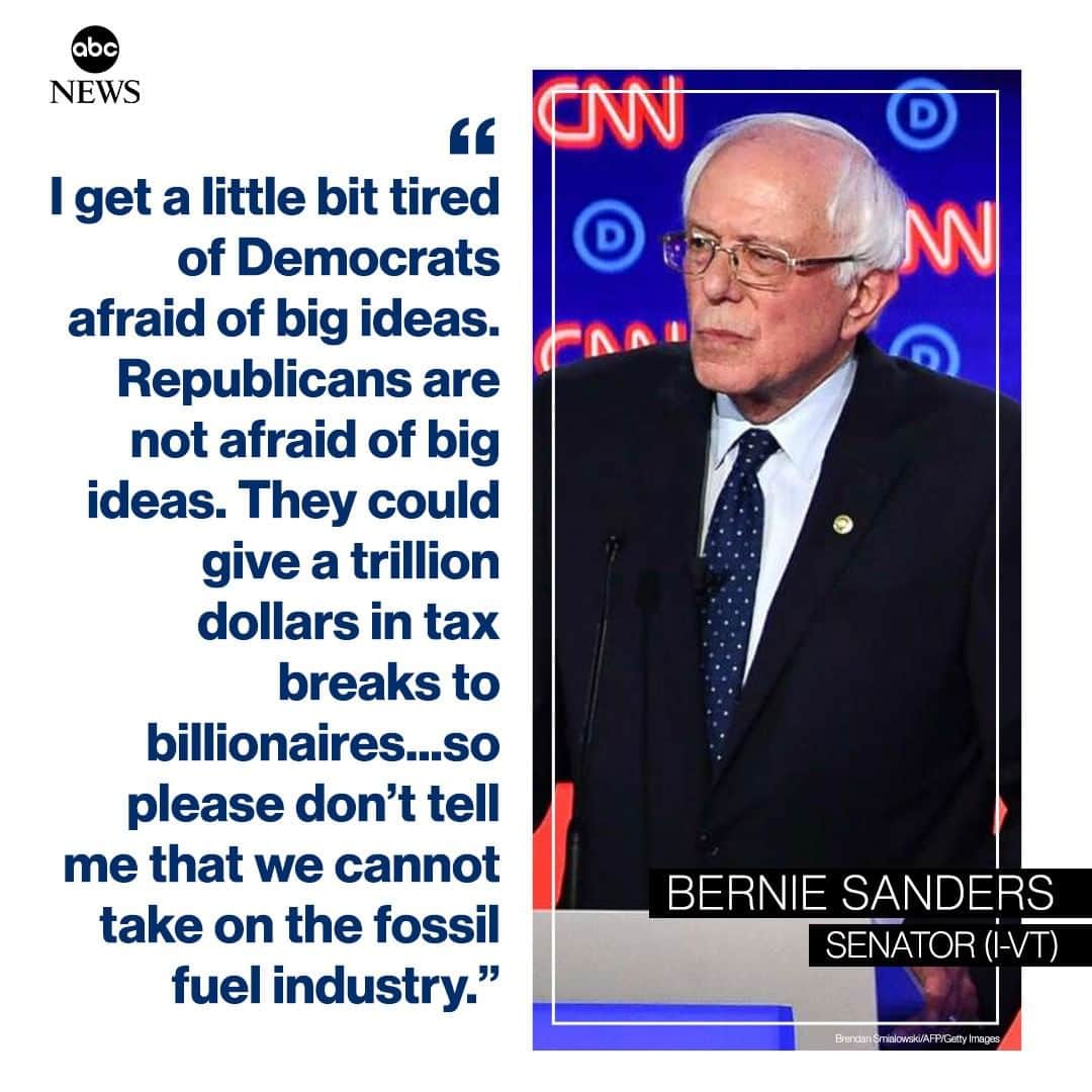 ABC Newsさんのインスタグラム写真 - (ABC NewsInstagram)「Sen. Bernie Sanders: "I get a little bit tired of Democrats afraid of big ideas. Republicans are not afraid of big ideas. They could give a trillion dollars in tax breaks to billionaires...so please don't tell me that we cannot take on the fossil fuel industry." #DemDebate」7月31日 10時38分 - abcnews