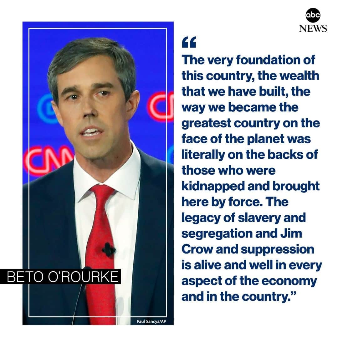 ABC Newsさんのインスタグラム写真 - (ABC NewsInstagram)「Beto O'Rourke says he will "sign into law Sheila Jackson Lee's reparations bill so that we can have the national conversation we've waited too long in this country to have." #DemDebate #betoorourke #slavery #reparations #election」7月31日 10時47分 - abcnews