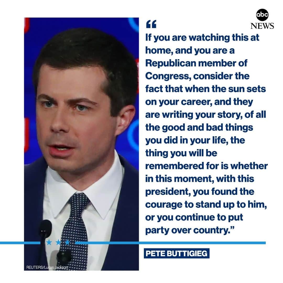 ABC Newsさんのインスタグラム写真 - (ABC NewsInstagram)「Mayor Pete Buttigieg to GOP lawmakers: "When the sun sets on your career...of all the good and bad things you did in your life, the thing you will be remembered for is whether in this moment, with this president, you found the courage to stand up to him." #DemDebate」7月31日 11時38分 - abcnews
