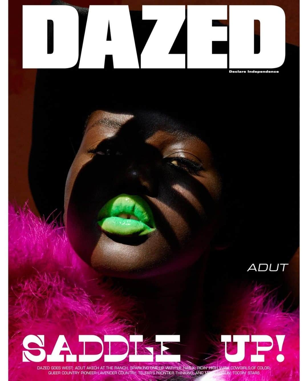 Dazed Magazineさんのインスタグラム写真 - (Dazed MagazineInstagram)「Cowgirls wear neon. 💚 @adutakech stars on a fashion cover for our autumn 2019 issue, celebrating all things 𝒚𝒆𝒆𝒉𝒂𝒘. Also in the issue: @lilnasx’s wild west, #CowgirlsOfColor get in the saddle, @telfarglobal, @jeremyoharris and @babakradboy discuss new American frontiers, and more. OUT TOMORROW. ⁠ ⁠ Photography @viviannesassenstudio⁠ Styling @robbiespencer Casting @noah_shelley_casting ⁠ Grooming @irena.ruben⁠ ⁠ Editor-in-chief @isabellaburley⁠ Creative Director @robbiespencer⁠ Art Director @reidjamie⁠ ⁠ #AdutAkech wears ostrich feather coat @ysl by @anthonyvaccarello, t-shirt @christopherkane, felt hat @jessiewestern ⁠ ⁠ Taken from the autumn 2019 #DazedGoesWest issue of #Dazed ⁠」7月31日 22時01分 - dazed