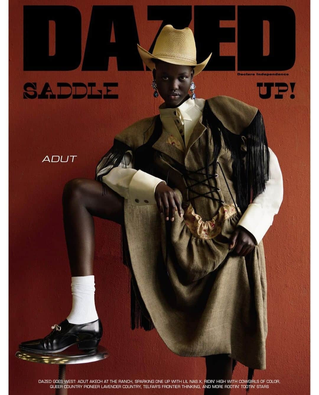 Dazed Magazineさんのインスタグラム写真 - (Dazed MagazineInstagram)「𝕊𝕒𝕕𝕕𝕝𝕖 𝕦𝕡! 🐎 @adutakech features on a second fashion cover for our autumn 2019 issue, exploring how mythologies of the American West saturated pop culture. ⁠ ⁠ Also in the issue: @lilnasx’s wild west, #CowgirlsOfColor get in the saddle, @telfarglobal, @jeremyoharris and @babakradboy discuss new American frontiers, and more. OUT TOMORROW. ⁠ ⁠ ⁠ Photography @vivianesassenstudio⁠ Styling @robbiespencer⁠ Casting @noah_shelley_casting⁠ Grooming @irena.ruben⁠ ⁠ Editor-in-chief @isabellaburley⁠ Creative Director @robbiespencer⁠ Art Director @reidjamie⁠ ⁠ #AdutAkech wears linen-blend twill dress and organza bolero top @andreaskronthaler for @viviennewestwood, straw hat @cenci_vintage, earrings @moschino, cotton socks @calzedonia, shoes @aaltointernational⁠ ⁠ ⁠ Taken from the autumn 2019 #DazedGoesWest issue of #Dazed ⁠」8月1日 0時01分 - dazed