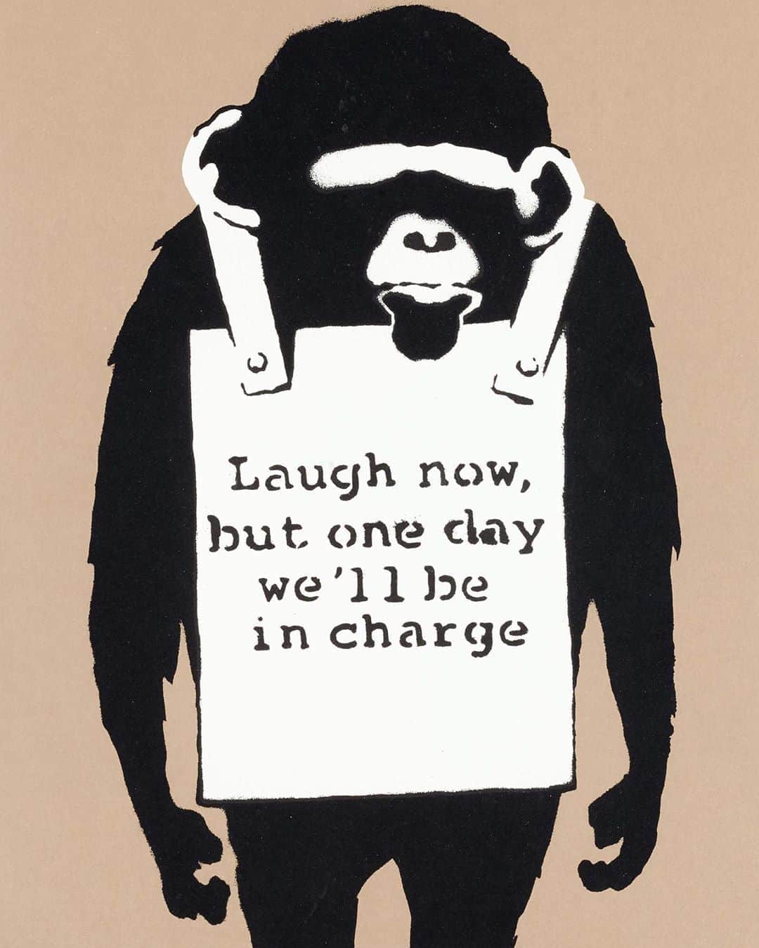 サザビーズさんのインスタグラム写真 - (サザビーズInstagram)「One of Banksy’s most recognisable works, ‘Laugh Now’ first appeared as a mural in a Brighton nightclub in 2002. Rendered in the artist’s signature monochrome stencil style, the monkey is weighed down by a sandwich-board message which serves to illustrate both the arrogance of humanity, and to foreshadow the growing presence of street art on the world stage.  The sought-after screenprint will be offered in our Banksy/Online auction this September. Head to our stories to learn more, and to find out how you can request a free evaluation of your Prints from one of our specialists #SothebysPrints #Banksy #StreetArt #ContemporaryArt」8月1日 0時03分 - sothebys