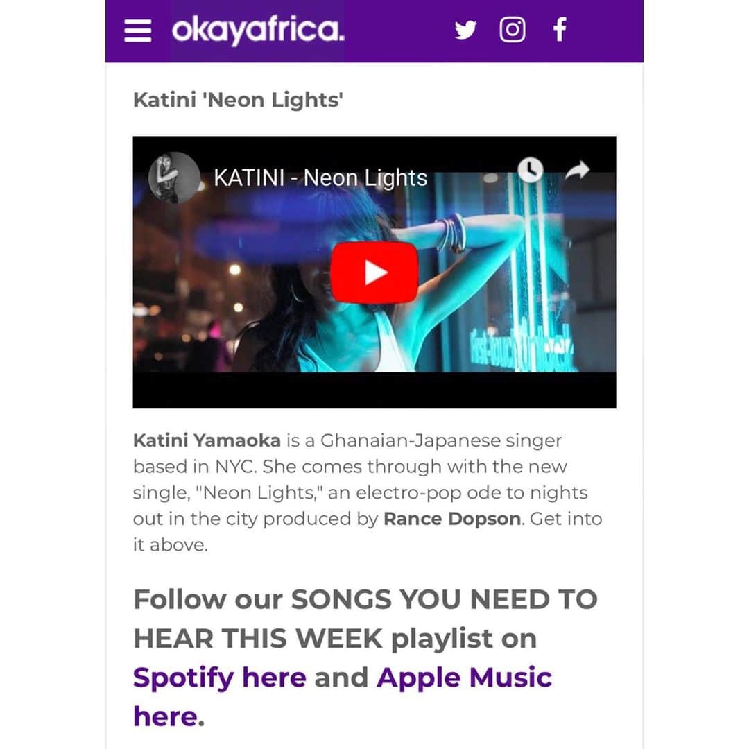 Katini Yamaokaさんのインスタグラム写真 - (Katini YamaokaInstagram)「Thank you @okayafrica for loving Neon Lights and including the song in “The 12 Songs You Need to Hear This Week”!⚡️🎶 Link in bio ✨」8月1日 0時56分 - katinimusic