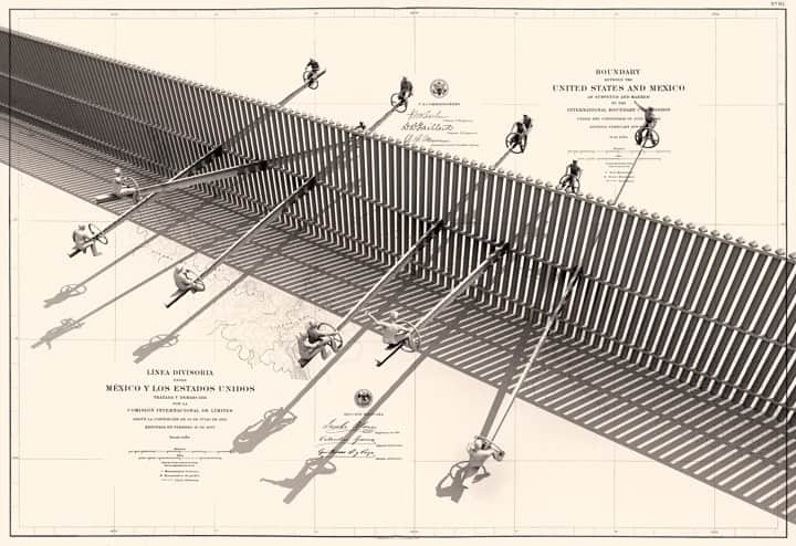 TED Talksのインスタグラム：「You may have seen the viral photographs of kids playing on seesaws across the US-Mexico border. Architect Ronald Rael and designer Virginia San Fratello created this unusual playground to explore the architecture of the borderlands between the two countries. The image above is one of the concept drawings for the seesaw. In his TED Talk, Ronald describes how architecture communicates complex cultural and political ideas. “Perhaps the best way to illustrate the mutual relationship that we have with Mexico and the United States is by imagining a teeter-totter,” he says. “The actions on one side have a direct consequence on what happens on the other side.” To learn more about the political power of architecture, watch his TED Talk at go.ted.com/borderlanddesign and follow @rrael. Photo courtesy of Rael San Fratello.」