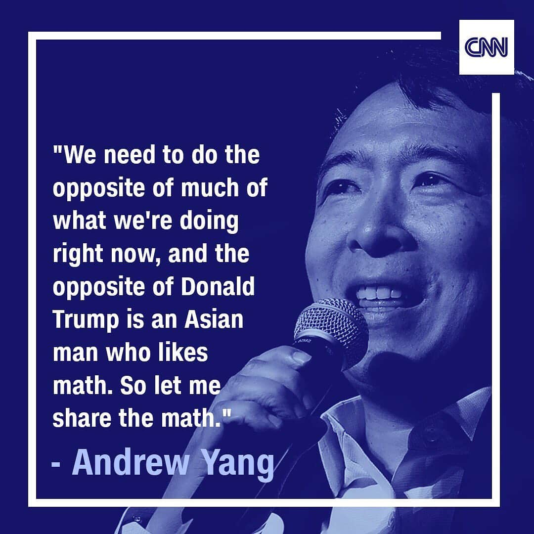 CNNさんのインスタグラム写真 - (CNNInstagram)「In his opening remarks during night two of CNN's #DemDebate, businessman Andrew Yang said, "We need to do the opposite of much of what we're doing right now, and the opposite of Donald Trump is an Asian man who likes math." One of Yang's campaign goals is to institute a universal basic income for all American adults: $1,000 per month, or $12,000 per year.」8月1日 12時43分 - cnn