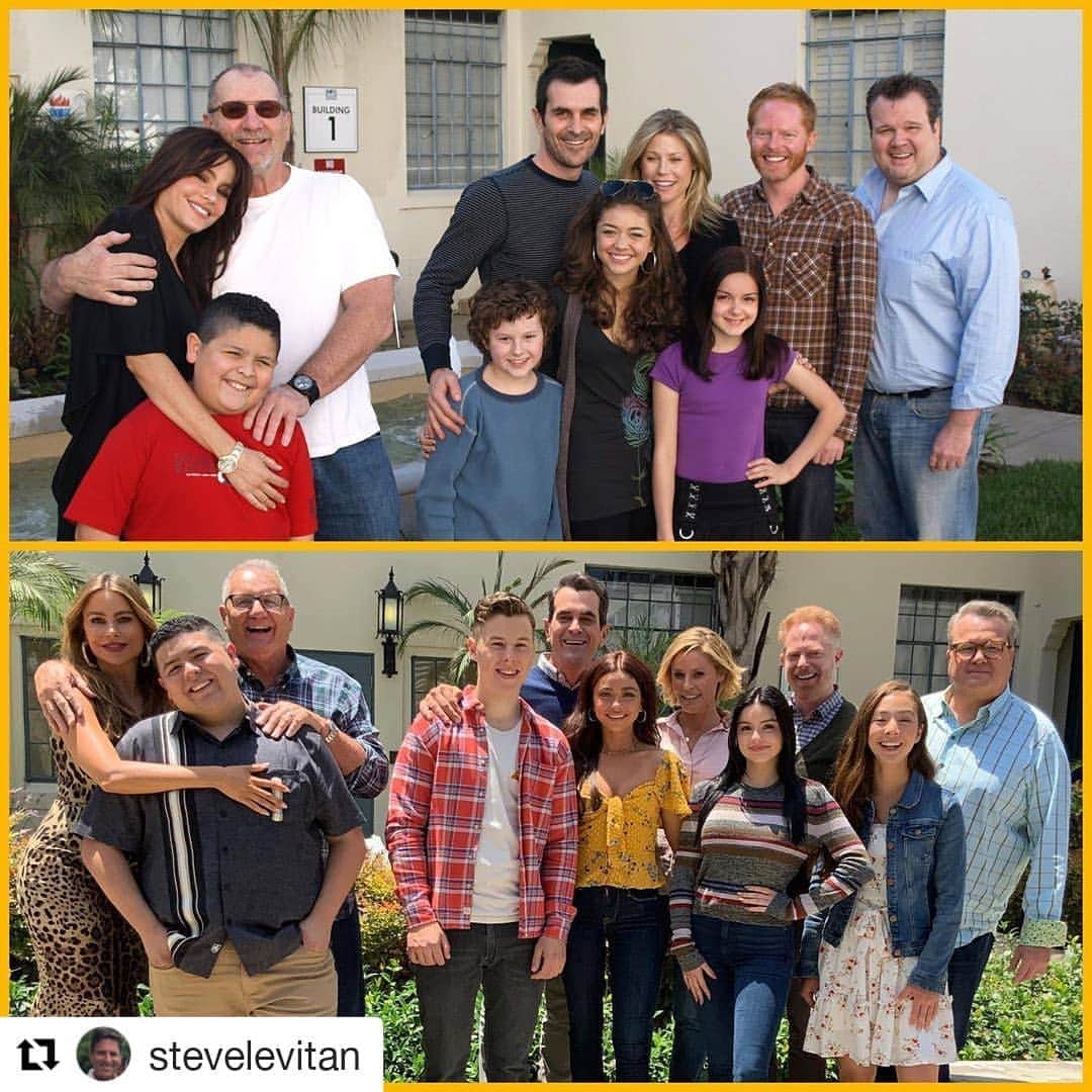 Nolan Gouldのインスタグラム：「Spot the differences. The top photo was taken on the day of our first table read, 11 years ago. Today was the last of our first table reads. Excited to be spending one more season with the best TV family and crew.」