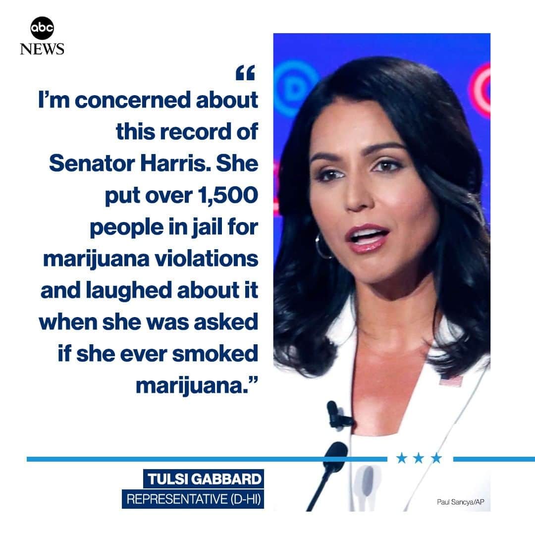ABC Newsさんのインスタグラム写真 - (ABC NewsInstagram)「Rep. Tulsi Gabbard on Sen. Kamala Harris' time as prosecutor: "I'm concerned about this record of Senator Harris. She put over 1,500 people in jail for marijuana violations and laughed about it when she was asked if she ever smoked marijuana." #DemDebate2」8月1日 10時32分 - abcnews