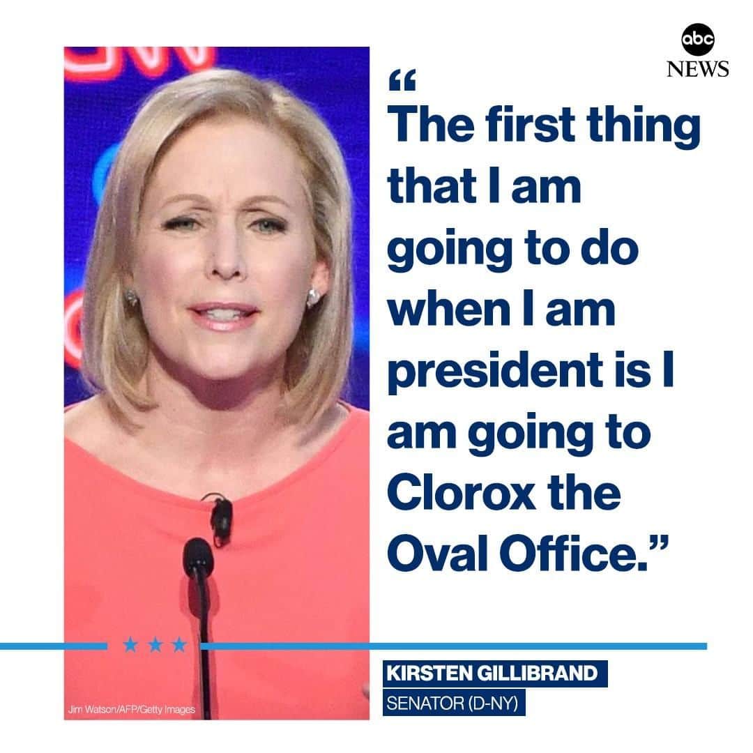ABC Newsさんのインスタグラム写真 - (ABC NewsInstagram)「Asked about the Green New Deal, Sen. Kirsten Gillibrand jokes that the first thing she’ll do as president is “to Clorox the Oval Office.” #DemDebate2」8月1日 10時53分 - abcnews